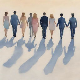 A delicate watercolor painting of people's shadows joyously celebrating an anniversary, cast against a softly tinted backdrop.