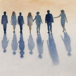 A delicate watercolor painting of people's shadows joyously celebrating an anniversary, cast against a softly tinted backdrop.