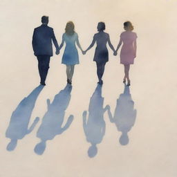 A delicate watercolor painting of people's shadows joyously celebrating an anniversary, cast against a softly tinted backdrop.