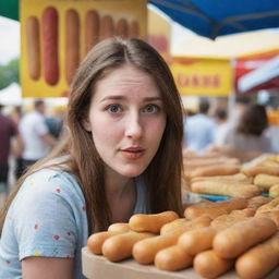 A young woman in a vibrant market, her eyes locked onto a stall selling corn dogs, a look of intense craving on her face.