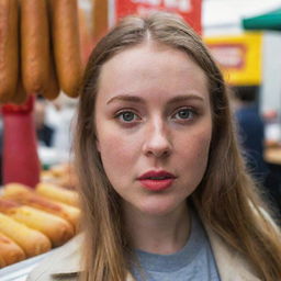 A young woman in a vibrant market, her eyes locked onto a stall selling corn dogs, a look of intense craving on her face.