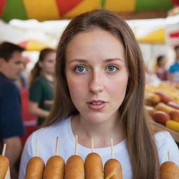 A young woman in a vibrant market, her eyes locked onto a stall selling corn dogs, a look of intense craving on her face.