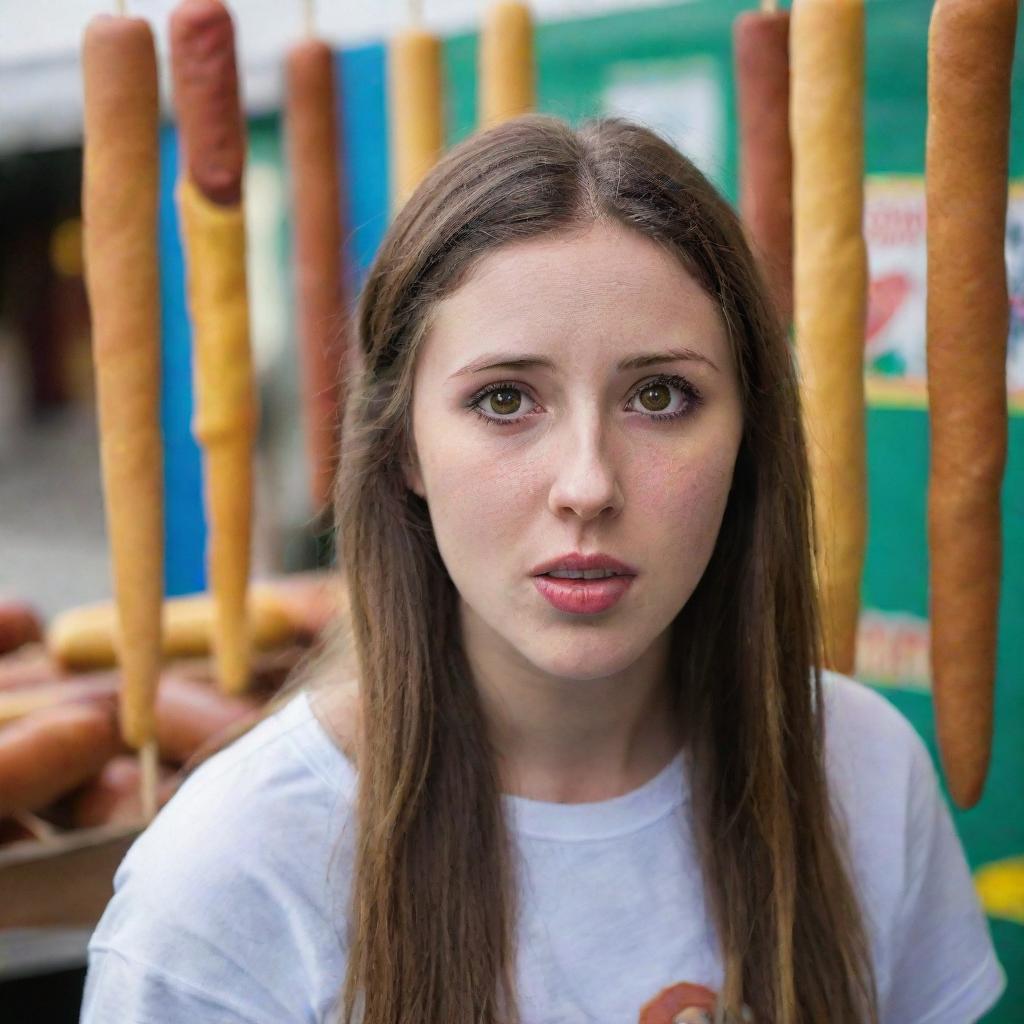 A young woman in a vibrant market, her eyes locked onto a stall selling corn dogs, a look of intense craving on her face.