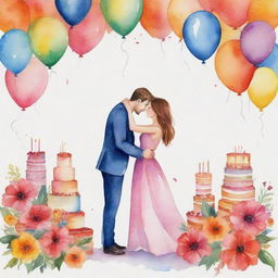 A beautiful watercolor painting with the theme of an anniversary celebration, filled with lively colors and festive elements.