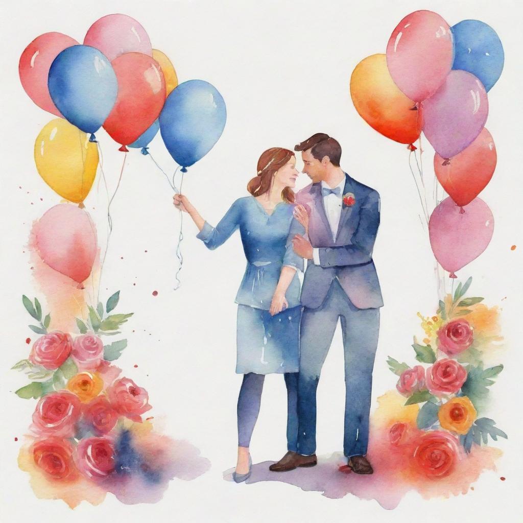 A beautiful watercolor painting with the theme of an anniversary celebration, filled with lively colors and festive elements.