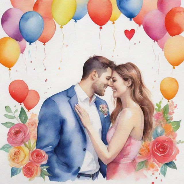 A beautiful watercolor painting with the theme of an anniversary celebration, filled with lively colors and festive elements.