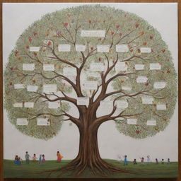 An artistic and detailed family tree for a 45cm x 45cm canvas. Featuring parents Zakir Aziz and Shzia at the top branching down to their children Safia Zakir, Shayan Zakir, Amama Zakir, and Momna Zakir.