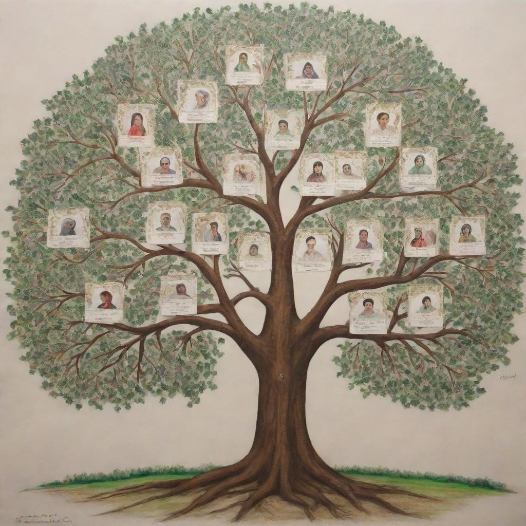 An artistic and detailed family tree for a 45cm x 45cm canvas. Featuring parents Zakir Aziz and Shzia at the top branching down to their children Safia Zakir, Shayan Zakir, Amama Zakir, and Momna Zakir.