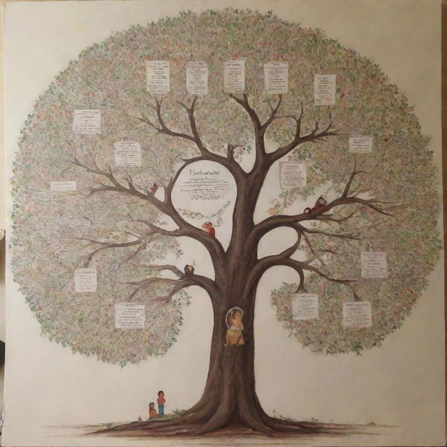 An artistic and detailed family tree for a 45cm x 45cm canvas. Featuring parents Zakir Aziz and Shzia at the top branching down to their children Safia Zakir, Shayan Zakir, Amama Zakir, and Momna Zakir.