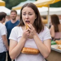 A young woman grimacing as she clutches her stomach in discomfort after eating a corn dog from a market stall, hinting at food poisoning.