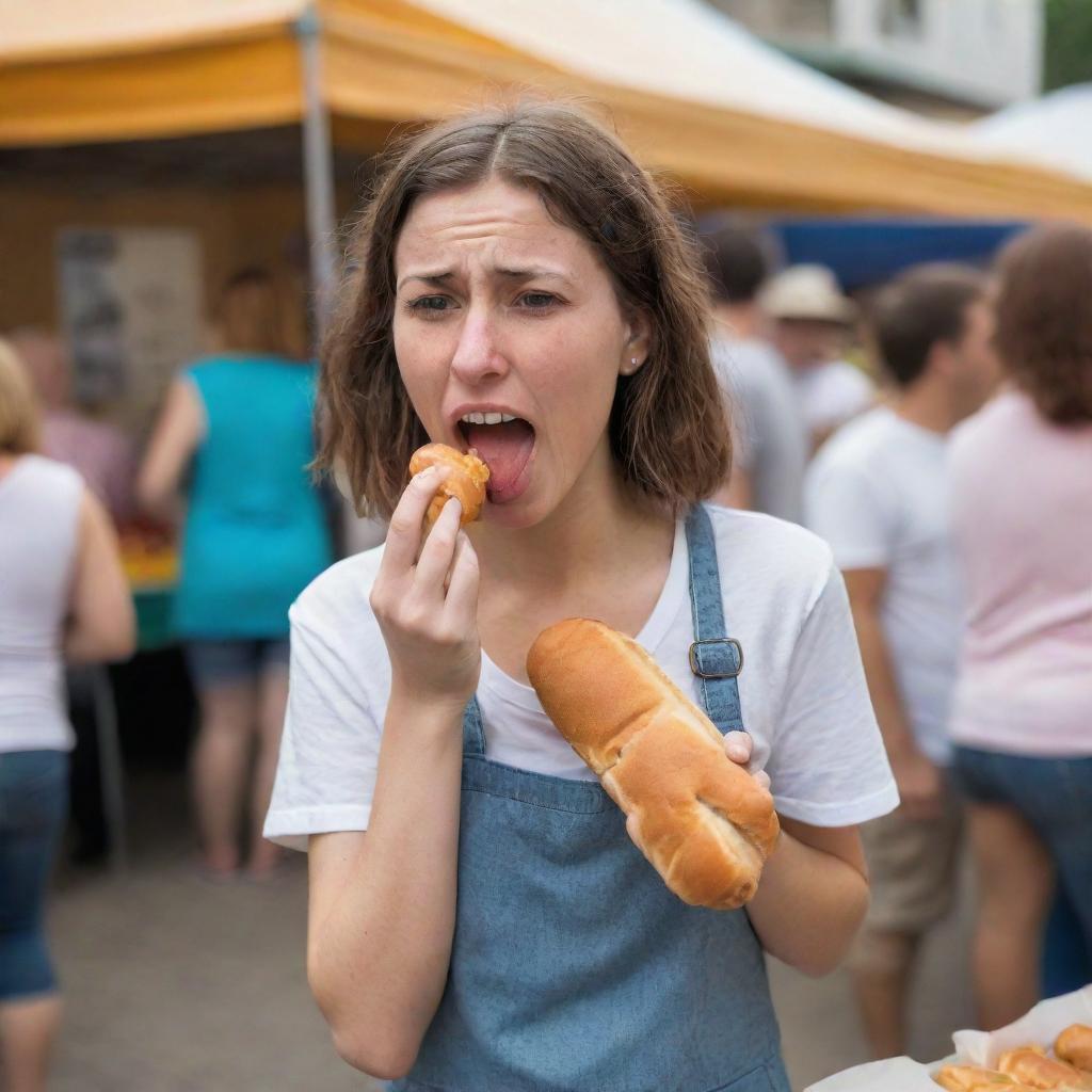 A young woman grimacing as she clutches her stomach in discomfort after eating a corn dog from a market stall, hinting at food poisoning.