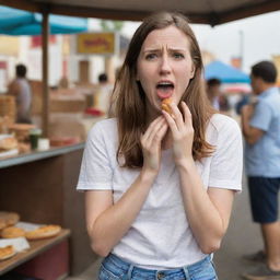 A young woman grimacing as she clutches her stomach in discomfort after eating a corn dog from a market stall, hinting at food poisoning.