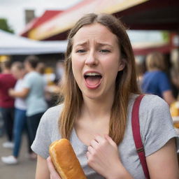 A young woman grimacing as she clutches her stomach in discomfort after eating a corn dog from a market stall, hinting at food poisoning.