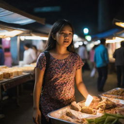 A young girl under the night-lit glow of a lively weekly market, clutching her gurgling stomach while walking around various food stalls.