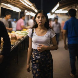 A young girl under the night-lit glow of a lively weekly market, clutching her gurgling stomach while walking around various food stalls.