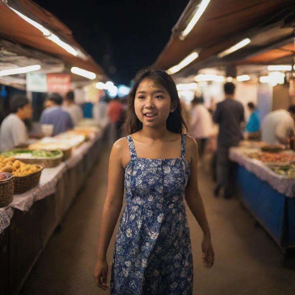 A young girl under the night-lit glow of a lively weekly market, clutching her gurgling stomach while walking around various food stalls.