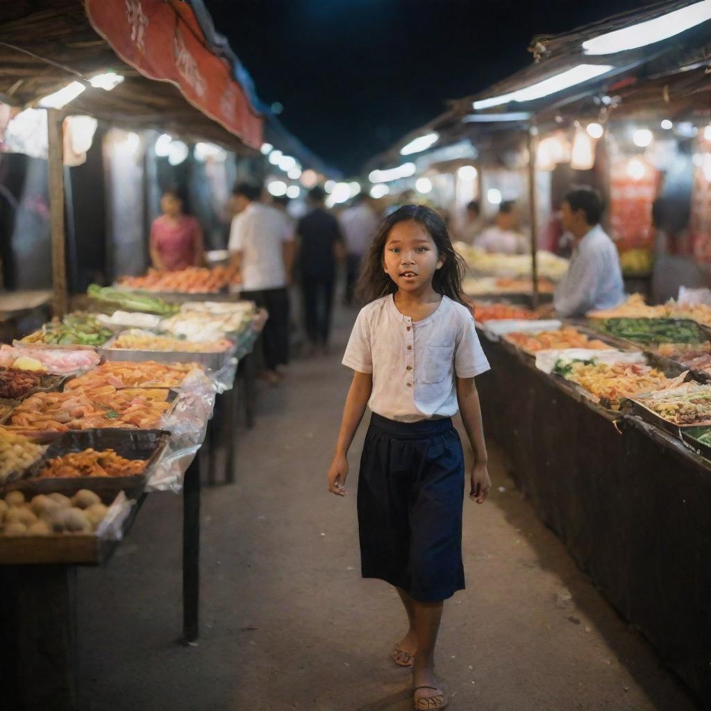 A young girl under the night-lit glow of a lively weekly market, clutching her gurgling stomach while walking around various food stalls.