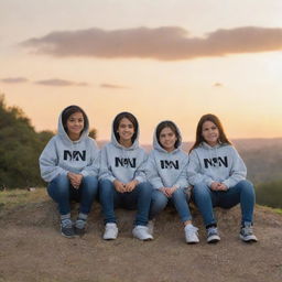 Two boys and two girls sitting on top of a hill, each wearing hoodies with the Bat symbol. The girls' hoodies display the letter 'N', and the boys' hoodies feature the letter 'M'. They are looking toward a sunset.