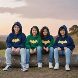 Two boys and two girls sitting on top of a hill, each wearing hoodies with the Bat symbol. The girls' hoodies display the letter 'N', and the boys' hoodies feature the letter 'M'. They are looking toward a sunset.