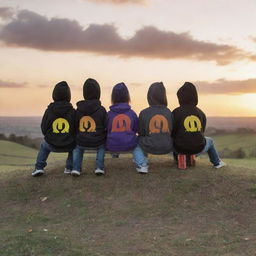 Two boys and two girls sitting on top of a hill, each wearing hoodies with the Bat symbol. The girls' hoodies display the letter 'N', and the boys' hoodies feature the letter 'M'. They are looking toward a sunset.