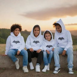 Two boys and two girls sitting on top of a hill, each wearing hoodies with the Bat symbol. The girls' hoodies display the letter 'N', and the boys' hoodies feature the letter 'M'. They are looking toward a sunset.