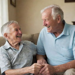 A young boy in a friendly conversation with his elderly father, both sitting in a comfortable home setting, laughter and warmth visible on their faces.