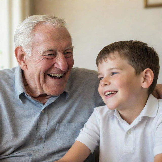 A young boy in a friendly conversation with his elderly father, both sitting in a comfortable home setting, laughter and warmth visible on their faces.