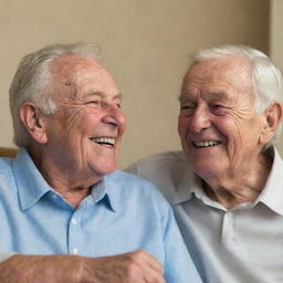 A young boy in a friendly conversation with his elderly father, both sitting in a comfortable home setting, laughter and warmth visible on their faces.