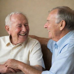 A young boy in a friendly conversation with his elderly father, both sitting in a comfortable home setting, laughter and warmth visible on their faces.