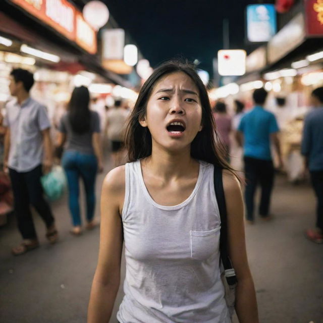 A young girl in a bustling night market grimacing with a stomachache, her stomach growling loudly as she hastily makes her way towards her home.