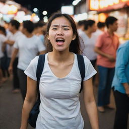 A young girl in a bustling night market grimacing with a stomachache, her stomach growling loudly as she hastily makes her way towards her home.