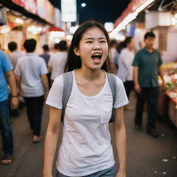 A young girl in a bustling night market grimacing with a stomachache, her stomach growling loudly as she hastily makes her way towards her home.