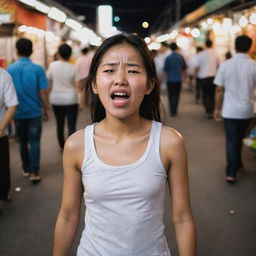 A young girl in a bustling night market grimacing with a stomachache, her stomach growling loudly as she hastily makes her way towards her home.