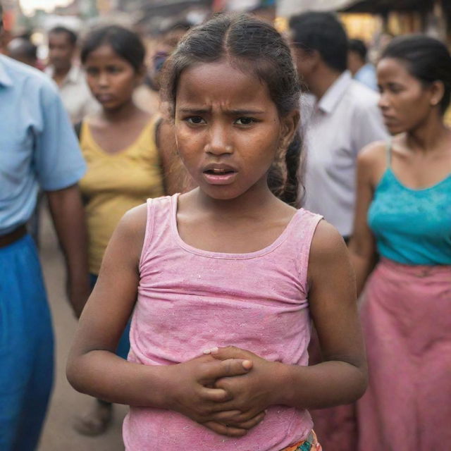 A young girl in a crowded market clutches her stomach in discomfort, wincing due to a stomach ache.