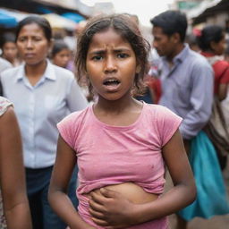 A young girl in a crowded market clutches her stomach in discomfort, wincing due to a stomach ache.