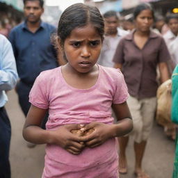 A young girl in a crowded market clutches her stomach in discomfort, wincing due to a stomach ache.