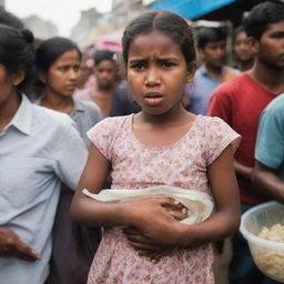 A young girl in a crowded market clutches her stomach in discomfort, wincing due to a stomach ache.