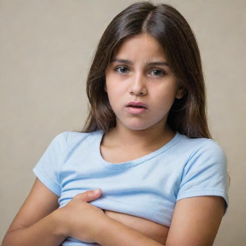 A worried young girl clutching her stomach, with an expression that conveys the discomfort of sudden onset of diarrhea.