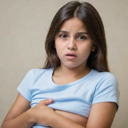 A worried young girl clutching her stomach, with an expression that conveys the discomfort of sudden onset of diarrhea.