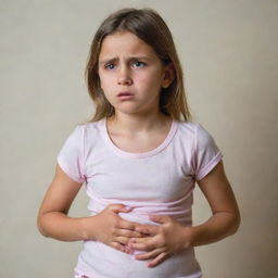 A worried young girl clutching her stomach, with an expression that conveys the discomfort of sudden onset of diarrhea.