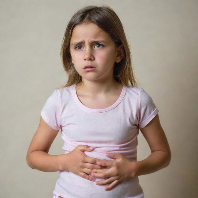 A worried young girl clutching her stomach, with an expression that conveys the discomfort of sudden onset of diarrhea.