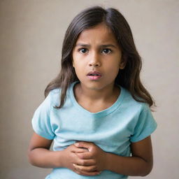 A worried young girl clutching her stomach, with an expression that conveys the discomfort of sudden onset of diarrhea.