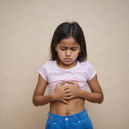 A worried young girl clutching her stomach, with an expression that conveys the discomfort of sudden onset of diarrhea.