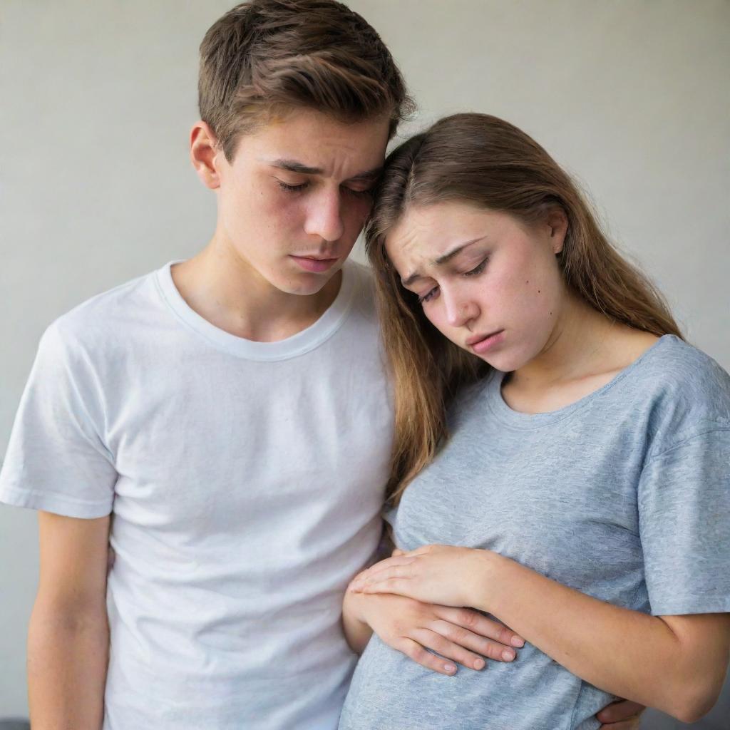 A 16-year-old girl, visibly upset, clenching her stomach in discomfort while her concerned boyfriend stands next to her, expressing worry for her sudden ailment.