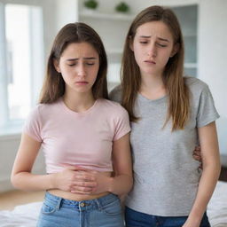 A 16-year-old girl, visibly upset, clenching her stomach in discomfort while her concerned boyfriend stands next to her, expressing worry for her sudden ailment.