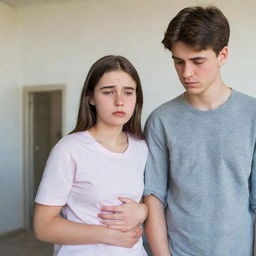 A 16-year-old girl, visibly upset, clenching her stomach in discomfort while her concerned boyfriend stands next to her, expressing worry for her sudden ailment.