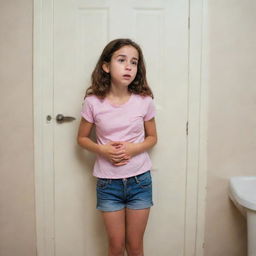 A girl clenching her stomach in discomfort, standing nervously in a line that leads to a bathroom door, with evident signs of distress on her face.