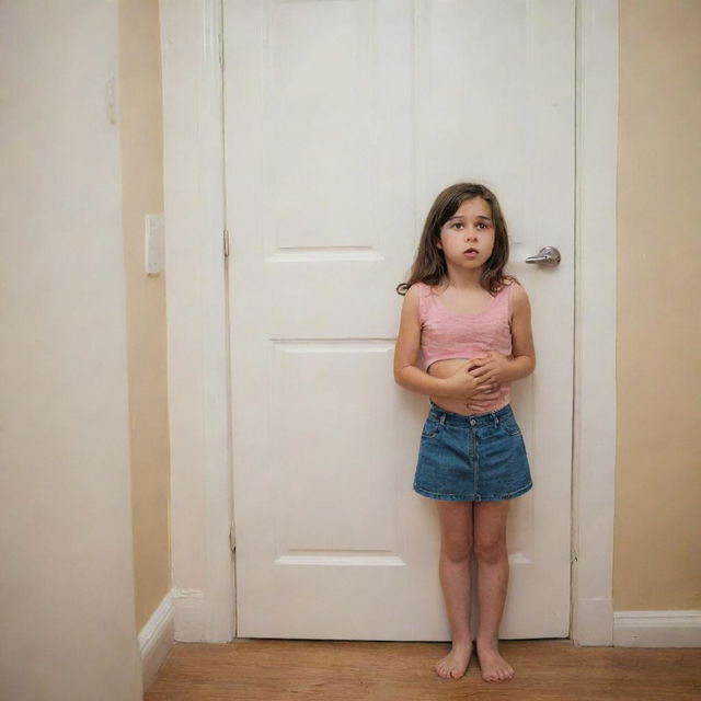A girl clenching her stomach in discomfort, standing nervously in a line that leads to a bathroom door, with evident signs of distress on her face.