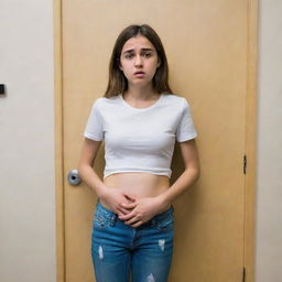 A girl clenching her stomach in discomfort, standing nervously in a line that leads to a bathroom door, with evident signs of distress on her face.
