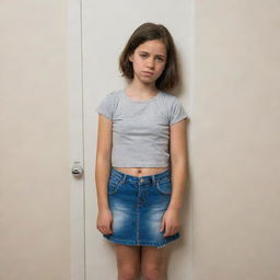 A girl clenching her stomach in discomfort, standing nervously in a line that leads to a bathroom door, with evident signs of distress on her face.